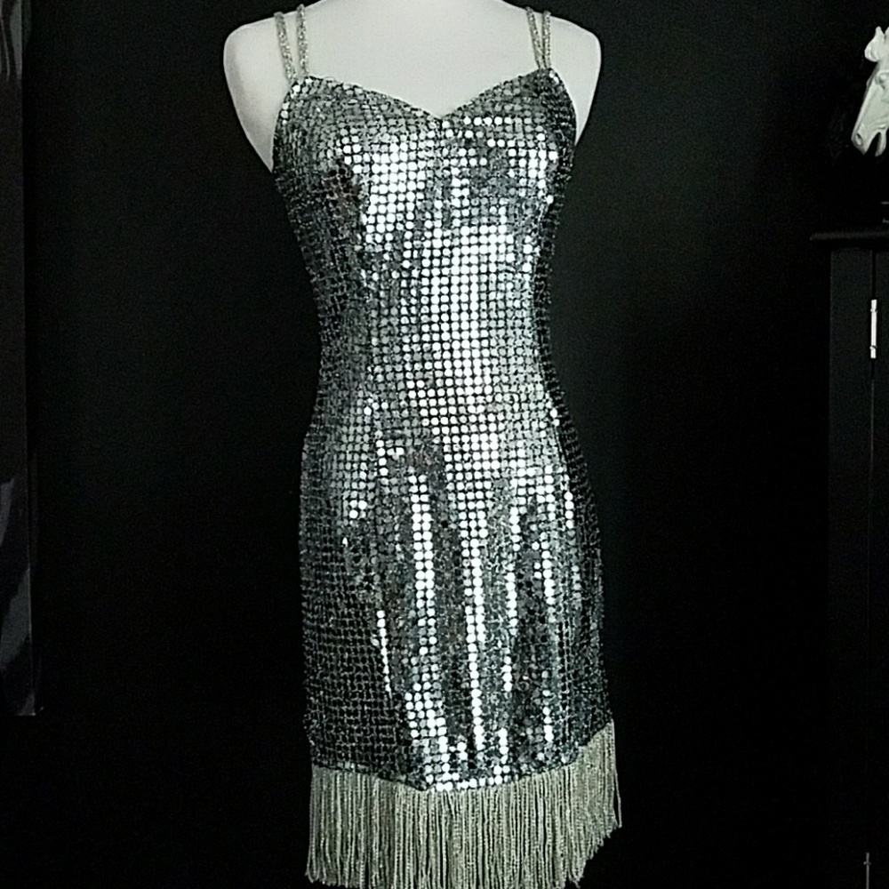 Silver sequin dress Fringe hem